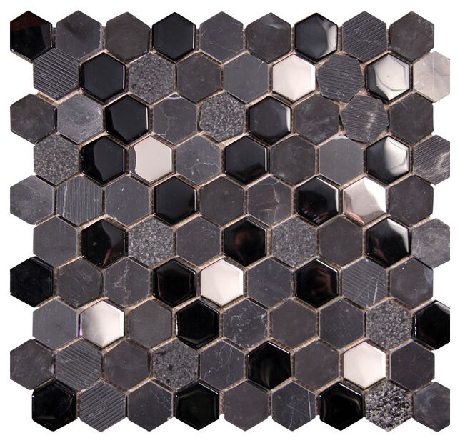 picasa hexagon black mozaika szklano-kamienna 30x30 