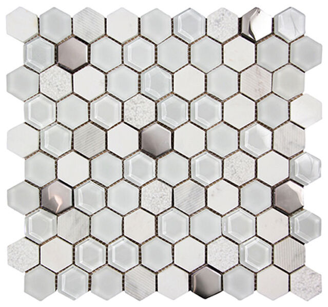 picasa hexagon white mozaika szklano-kamienna 30x30 